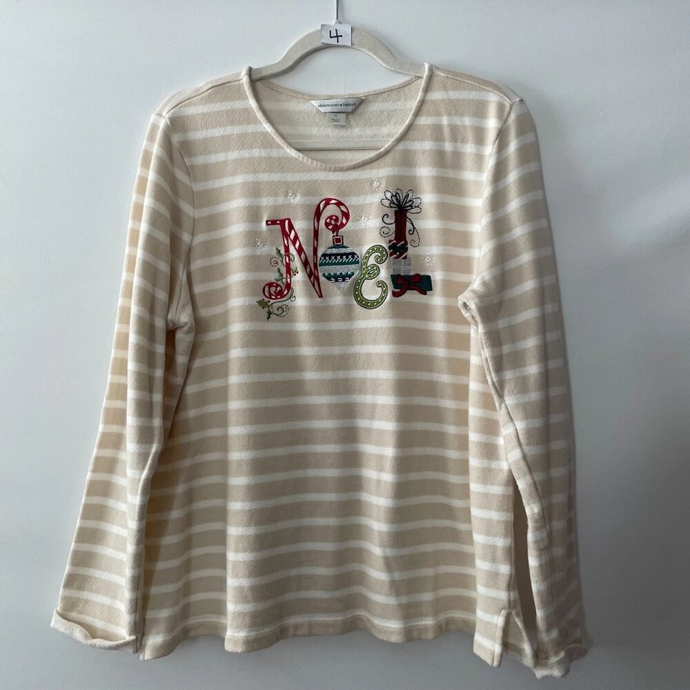 Christopher & Banks Beige Womens Holiday Long Sleeve Stripe Embroidery Top Sz XL